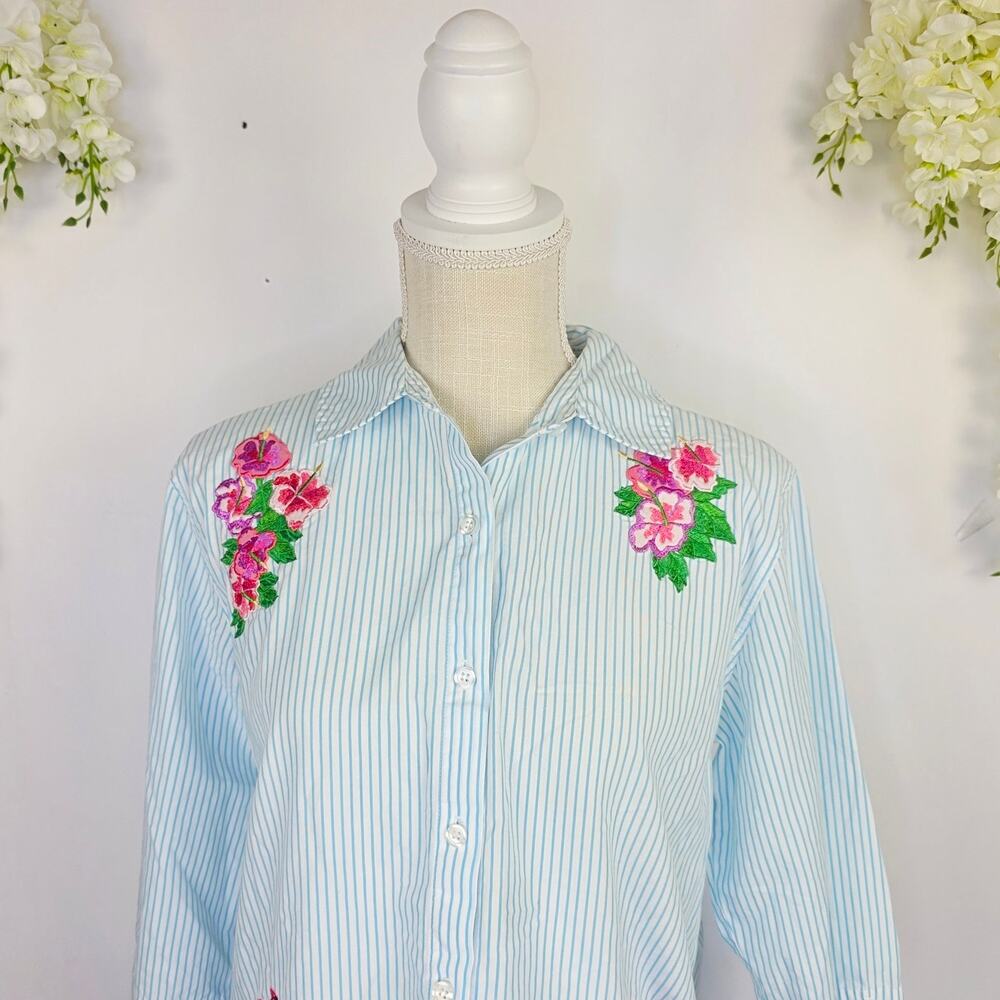 Bechamel Petite Blouse Button Up Medium Blue Stripe Flamingo Embroidery Tropical - Picture 3 of 11